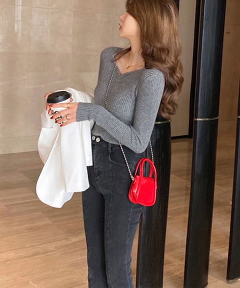 リブニットトップス レディース 大人秋服 ニットウェア ハートネック ニットプルオーバー 着回し ニットセーター 普段着 ニットソー 大人カジュアルニットインナー 83WANGY-001