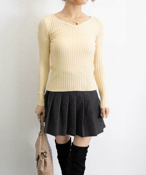 リブニットトップス レディース 大人秋服 ニットウェア ハートネック ニットプルオーバー 着回し ニットセーター 普段着 ニットソー 大人カジュアルニットインナー 83WANGY-001