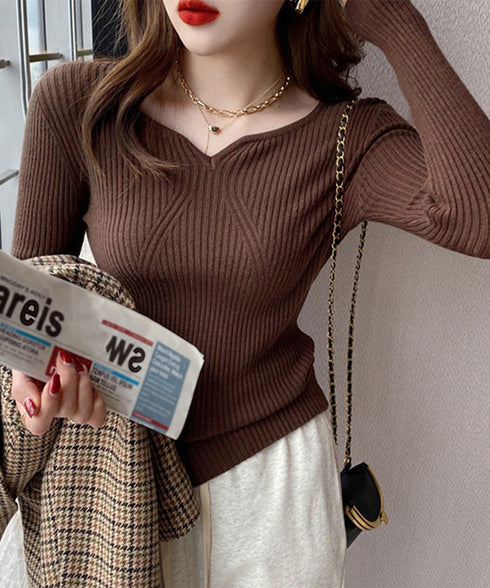 リブニットトップス レディース 大人秋服 ニットウェア ハートネック ニットプルオーバー 着回し ニットセーター 普段着 ニットソー 大人カジュアルニットインナー 83WANGY-001