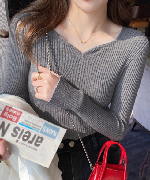 リブニットトップス レディース 大人秋服 ニットウェア ハートネック ニットプルオーバー 着回し ニットセーター 普段着 ニットソー 大人カジュアルニットインナー 83WANGY-001