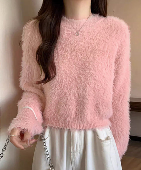 ショート丈 シャギーニットトップス韓国風 ニットセーター レディース カラーリッチシャギーニット もこもこボリューム感 モヘアトップス フェザーヤーンニット 秋冬 83WANGY-002