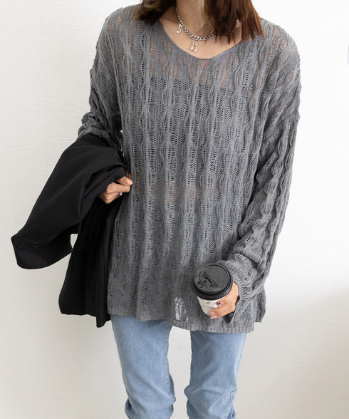 メッシュニット 透かし編みトップス 長袖 ニットトップス レディース シースループルオーバー ゆったり Vネックニットソー 重ね着 体型カバー シアーニット春夏秋 83WANGY-004