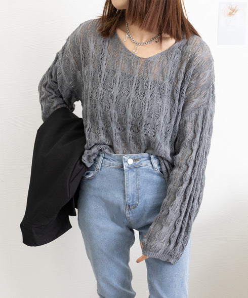 メッシュニット 透かし編みトップス 長袖 ニットトップス レディース シースループルオーバー ゆったり Vネックニットソー 重ね着 体型カバー シアーニット春夏秋 83WANGY-004