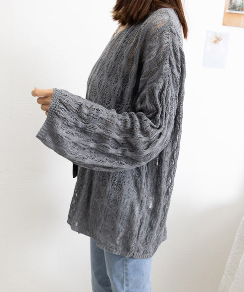 メッシュニット 透かし編みトップス 長袖 ニットトップス レディース シースループルオーバー ゆったり Vネックニットソー 重ね着 体型カバー シアーニット春夏秋 83WANGY-004