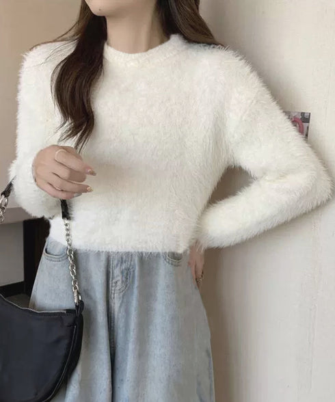 ショート丈シャギーニットレディース韓国風 大人可愛い モヘアニットトップス 長袖 フェザーヤーンニットセーター お洒落 カラーリッチシャギーニット もこもこ春秋冬 83WANGY-005