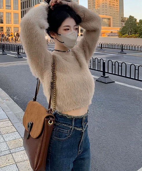 ショート丈シャギーニットレディース韓国風 大人可愛い モヘアニットトップス 長袖 フェザーヤーンニットセーター お洒落 カラーリッチシャギーニット もこもこ春秋冬 83WANGY-005