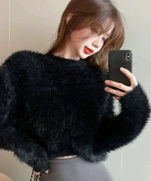ショート丈シャギーニットレディース韓国風 大人可愛い モヘアニットトップス 長袖 フェザーヤーンニットセーター お洒落 カラーリッチシャギーニット もこもこ春秋冬 83WANGY-005