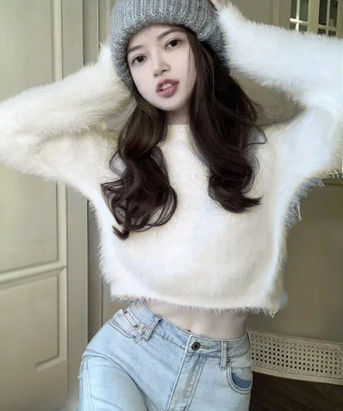 ショート丈シャギーニットレディース韓国風 大人可愛い モヘアニットトップス 長袖 フェザーヤーンニットセーター お洒落 カラーリッチシャギーニット もこもこ春秋冬 83WANGY-005