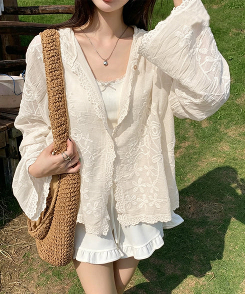レースパーカー レディースシアートップス 日焼け対策サマーカーディガン 長袖薄手フーディー ナチュラル ゆったり 韓国風 刺しゅう花柄レース春服夏服 透け感羽織り 83XBB-001
