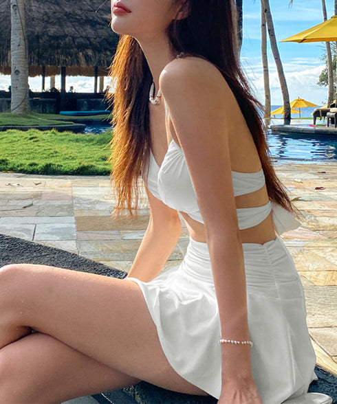 クロスビキニ フレアスカート 3点セット ホルターネックビキニ ローウエスト紐パン ミニスカート セクシー水着セット盛れる水着 リゾート水遊び 韓国風スイムウエア 83XCHRS-001