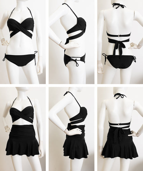 クロスビキニ フレアスカート 3点セット ホルターネックビキニ ローウエスト紐パン ミニスカート セクシー水着セット盛れる水着 リゾート水遊び 韓国風スイムウエア 83XCHRS-001