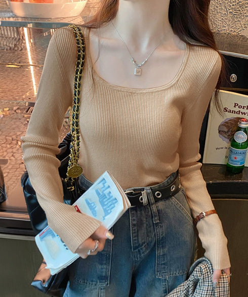 Uネックリブトップススクエアネックニット レディース 長袖ニットプルオーバー タイトフィットニット秋冬 韓国風大人可愛い ニットインナー SNS映えトップス着回し 83XIAOJU-001