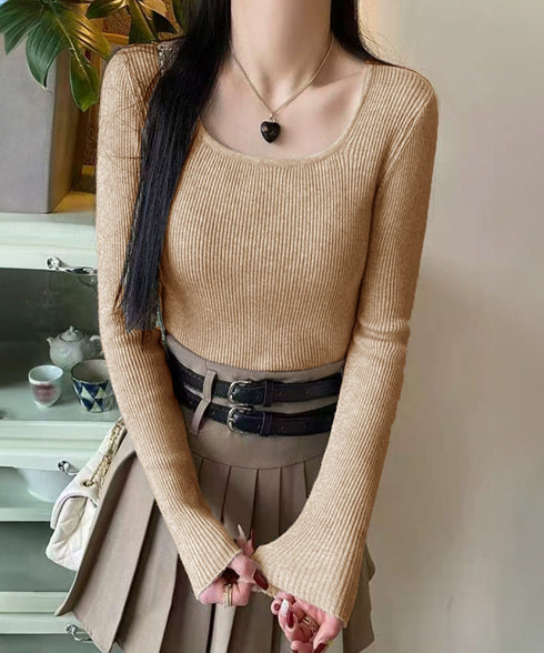 Uネックリブトップススクエアネックニット レディース 長袖ニットプルオーバー タイトフィットニット秋冬 韓国風大人可愛い ニットインナー SNS映えトップス着回し 83XIAOJU-001
