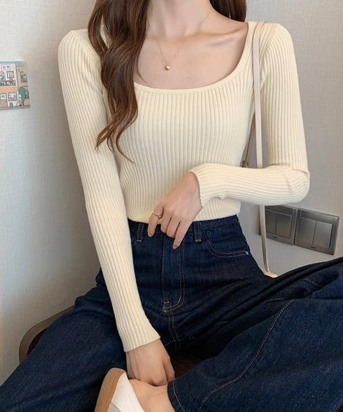 Uネックリブトップススクエアネックニット レディース 長袖ニットプルオーバー タイトフィットニット秋冬 韓国風大人可愛い ニットインナー SNS映えトップス着回し 83XIAOJU-001