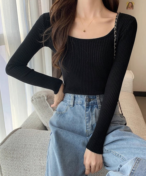 Uネックリブトップススクエアネックニット レディース 長袖ニットプルオーバー タイトフィットニット秋冬 韓国風大人可愛い ニットインナー SNS映えトップス着回し 83XIAOJU-001