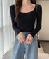 Uネックリブトップススクエアネックニット レディース 長袖ニットプルオーバー タイトフィットニット秋冬 韓国風大人可愛い ニットインナー SNS映えトップス着回し 83XIAOJU-001