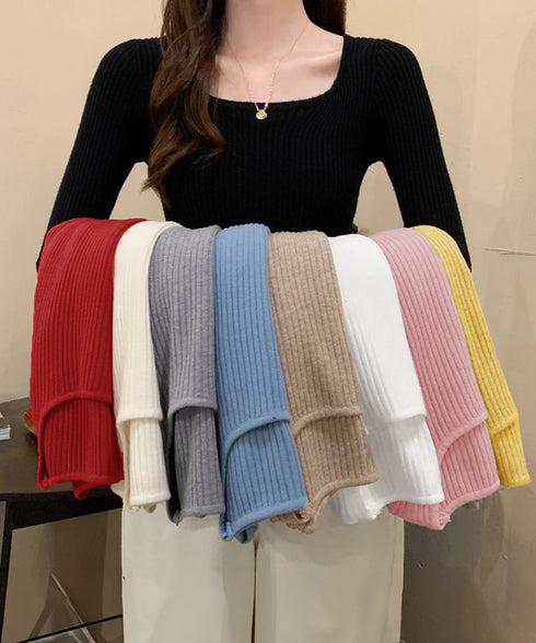 Uネックリブトップススクエアネックニット レディース 長袖ニットプルオーバー タイトフィットニット秋冬 韓国風大人可愛い ニットインナー SNS映えトップス着回し 83XIAOJU-001