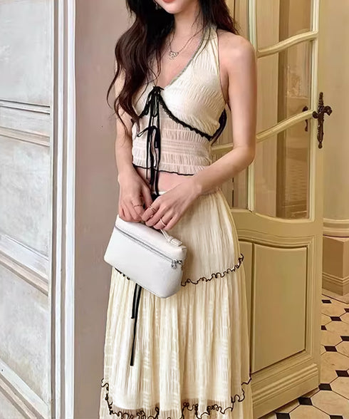 ホルターネックビキニ3点セット大人可愛い ホルタートップスセクシービキニボトム ティアードスカート おしゃれリゾート水着セット ビーチスタイルセパレートフリル水着 83XLUZI-001