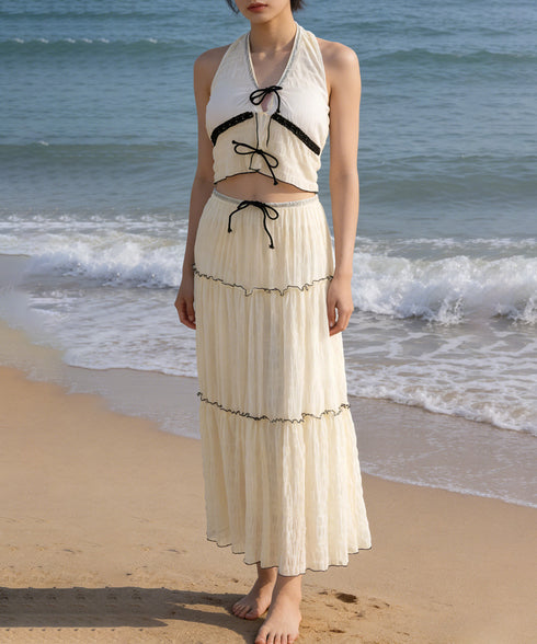 ホルターネックビキニ3点セット大人可愛い ホルタートップスセクシービキニボトム ティアードスカート おしゃれリゾート水着セット ビーチスタイルセパレートフリル水着 83XLUZI-001