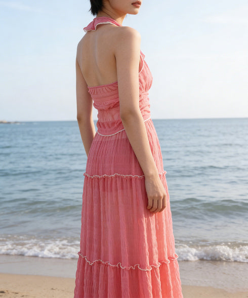 ホルターネックビキニ3点セット大人可愛い ホルタートップスセクシービキニボトム ティアードスカート おしゃれリゾート水着セット ビーチスタイルセパレートフリル水着 83XLUZI-001