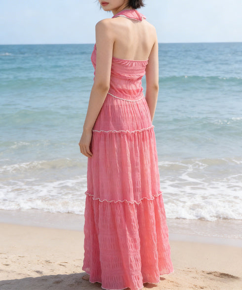 ホルターネックビキニ3点セット大人可愛い ホルタートップスセクシービキニボトム ティアードスカート おしゃれリゾート水着セット ビーチスタイルセパレートフリル水着 83XLUZI-001