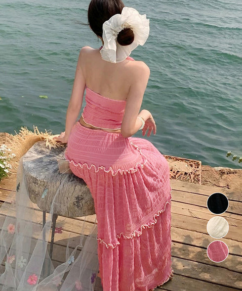 ホルターネックビキニ3点セット大人可愛い ホルタートップスセクシービキニボトム ティアードスカート おしゃれリゾート水着セット ビーチスタイルセパレートフリル水着 83XLUZI-001