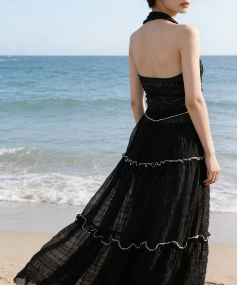 ホルターネックビキニ3点セット大人可愛い ホルタートップスセクシービキニボトム ティアードスカート おしゃれリゾート水着セット ビーチスタイルセパレートフリル水着 83XLUZI-001