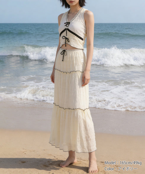 ホルターネックビキニ3点セット大人可愛い ホルタートップスセクシービキニボトム ティアードスカート おしゃれリゾート水着セット ビーチスタイルセパレートフリル水着 83XLUZI-001