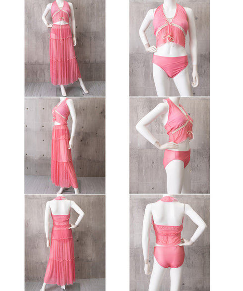 ホルターネックビキニ3点セット大人可愛い ホルタートップスセクシービキニボトム ティアードスカート おしゃれリゾート水着セット ビーチスタイルセパレートフリル水着 83XLUZI-001