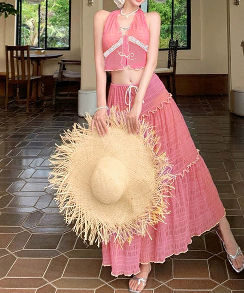 ホルターネックビキニ3点セット大人可愛い ホルタートップスセクシービキニボトム ティアードスカート おしゃれリゾート水着セット ビーチスタイルセパレートフリル水着 83XLUZI-001