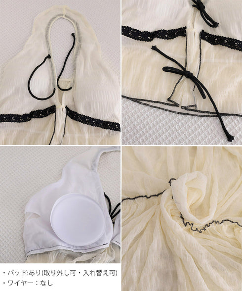 ホルターネックビキニ3点セット大人可愛い ホルタートップスセクシービキニボトム ティアードスカート おしゃれリゾート水着セット ビーチスタイルセパレートフリル水着 83XLUZI-001