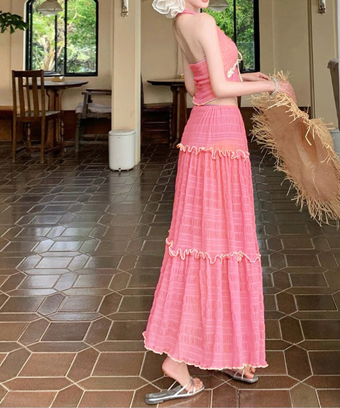 ホルターネックビキニ3点セット大人可愛い ホルタートップスセクシービキニボトム ティアードスカート おしゃれリゾート水着セット ビーチスタイルセパレートフリル水着 83XLUZI-001