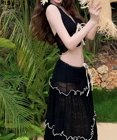 ホルターネックビキニ3点セット大人可愛い ホルタートップスセクシービキニボトム ティアードスカート おしゃれリゾート水着セット ビーチスタイルセパレートフリル水着 83XLUZI-001