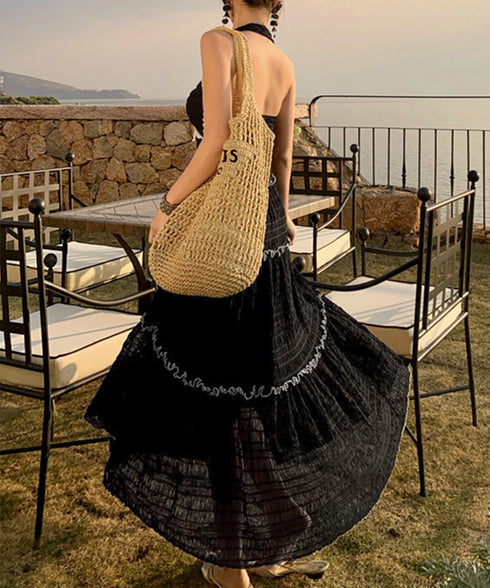 ホルターネックビキニ3点セット大人可愛い ホルタートップスセクシービキニボトム ティアードスカート おしゃれリゾート水着セット ビーチスタイルセパレートフリル水着 83XLUZI-001