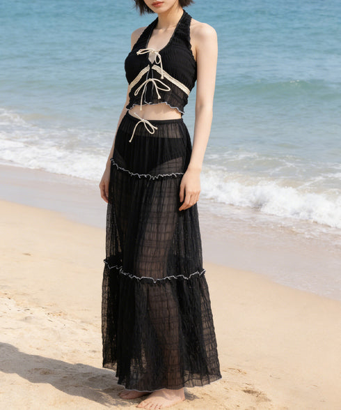 ホルターネックビキニ3点セット大人可愛い ホルタートップスセクシービキニボトム ティアードスカート おしゃれリゾート水着セット ビーチスタイルセパレートフリル水着 83XLUZI-001