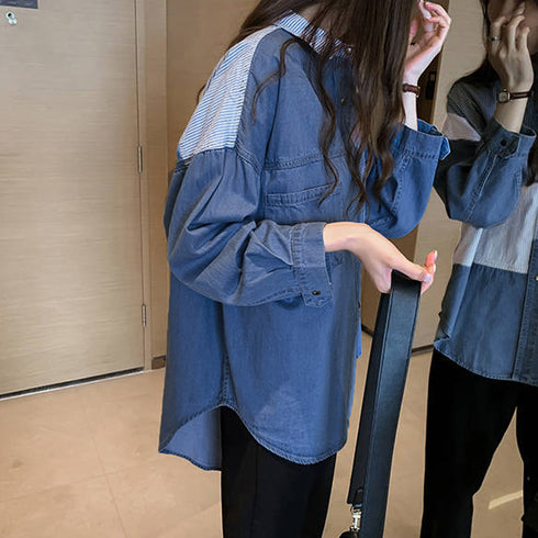 デニム風シャツブラウス レディース デニム風シャツブラウス レディース 長袖シャツ 春服 切り替え トップス ストライプ柄シャツ 着やせ 異素材切替シャツ 83YATONG-019