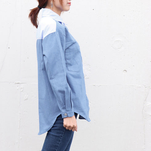 デニム風シャツブラウス レディース デニム風シャツブラウス レディース 長袖シャツ 春服 切り替え トップス ストライプ柄シャツ 着やせ 異素材切替シャツ 83YATONG-019