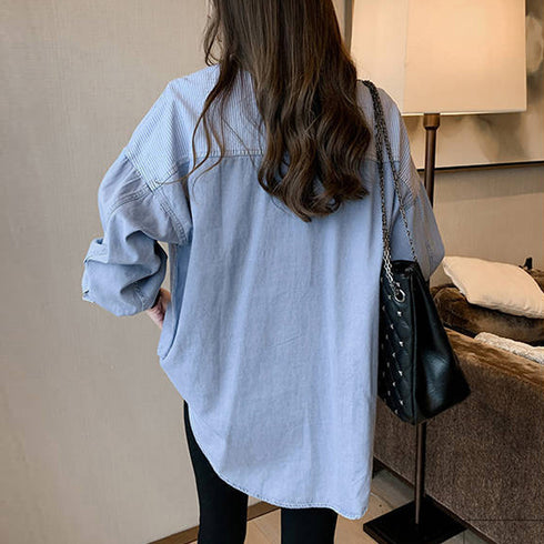 デニム風シャツブラウス レディース デニム風シャツブラウス レディース 長袖シャツ 春服 切り替え トップス ストライプ柄シャツ 着やせ 異素材切替シャツ 83YATONG-019