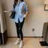 デニム風シャツブラウス レディース デニム風シャツブラウス レディース 長袖シャツ 春服 切り替え トップス ストライプ柄シャツ 着やせ 異素材切替シャツ 83YATONG-019