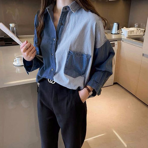 デニム風シャツブラウス レディース デニム風シャツブラウス レディース 長袖シャツ 春服 切り替え トップス ストライプ柄シャツ 着やせ 異素材切替シャツ 83YATONG-019