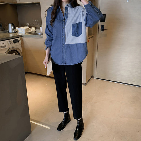 デニム風シャツブラウス レディース デニム風シャツブラウス レディース 長袖シャツ 春服 切り替え トップス ストライプ柄シャツ 着やせ 異素材切替シャツ 83YATONG-019