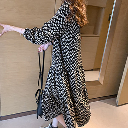 ワンピース ドット柄 ワンピース ドット柄 シフォンワンピース レディース ロングワンピース 長袖 フレアワンピース 通勤 レトロワンピース 83YATONG-020