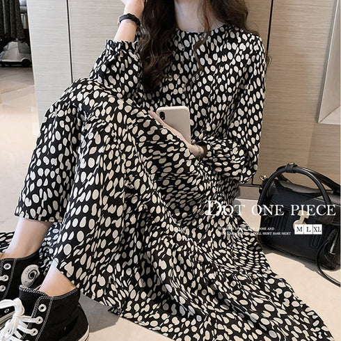 ワンピース ドット柄 ワンピース ドット柄 シフォンワンピース レディース ロングワンピース 長袖 フレアワンピース 通勤 レトロワンピース 83YATONG-020
