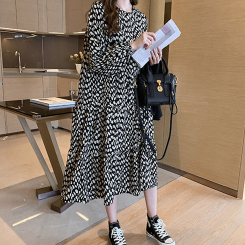 ワンピース ドット柄 ワンピース ドット柄 シフォンワンピース レディース ロングワンピース 長袖 フレアワンピース 通勤 レトロワンピース 83YATONG-020