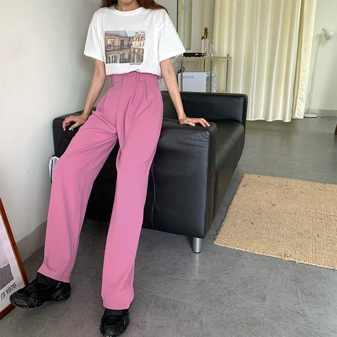 セミワイドパンツ レディース スラックス 韓国ハイウエスト ロングパンツ 大人カジュアル ストレートパンツ スーツパンツ 薄手ボトムス ゆるシルエットバギーパンツ 83YATONG-021