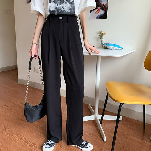 セミワイドパンツ レディース スラックス 韓国ハイウエスト ロングパンツ 大人カジュアル ストレートパンツ スーツパンツ 薄手ボトムス ゆるシルエットバギーパンツ 83YATONG-021