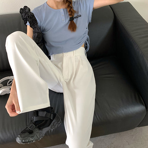 セミワイドパンツ レディース スラックス 韓国ハイウエスト ロングパンツ 大人カジュアル ストレートパンツ スーツパンツ 薄手ボトムス ゆるシルエットバギーパンツ 83YATONG-021