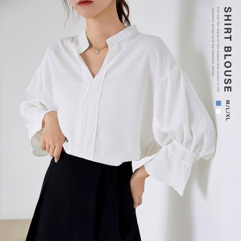 スキッパー シャツブラウス レディース スキッパー シャツブラウス レディース 七分袖 とろみブラウス パフスリーブ vネック トップス 上品通勤OLビジネス 83YATONG-023