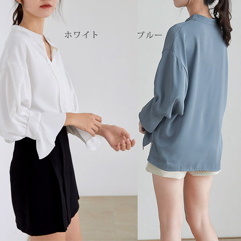 スキッパー シャツブラウス レディース スキッパー シャツブラウス レディース 七分袖 とろみブラウス パフスリーブ vネック トップス 上品通勤OLビジネス 83YATONG-023