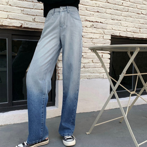デニムパンツ グラデーションカラー 韓国 レディース ハイウエスト ジーンズ ストレートデニムパンツ カジュアル セミワイドパンツ おしゃれ ストリート こなれ感 83YATONG-031
